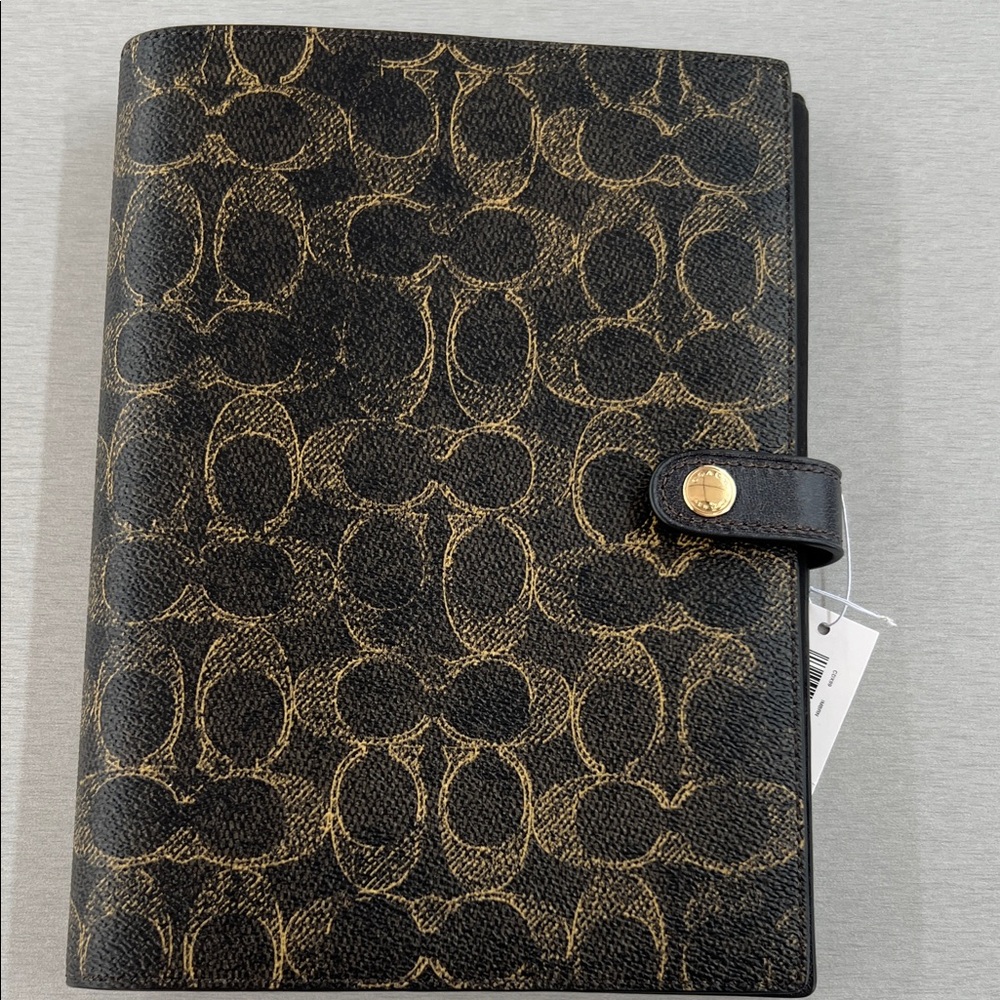 Coach White Tag with Black Logo on Brown Strap